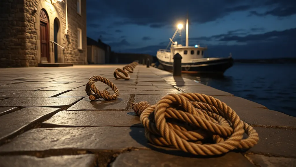 The stone front of the old customs house, lit from the quay