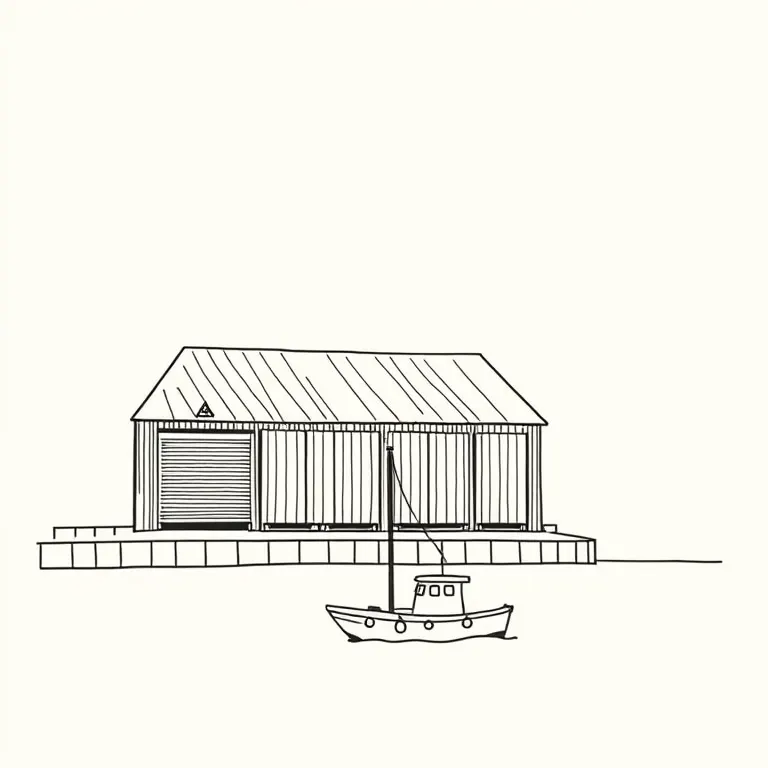 A line drawing of the customs house seen from the water
