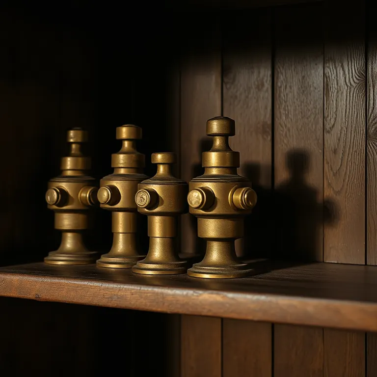 A set of brass harbour weights on a wooden shelf