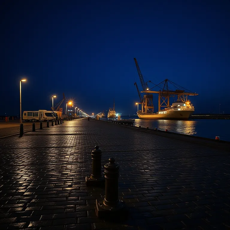 A photograph of the quay at night, cranes against the sky