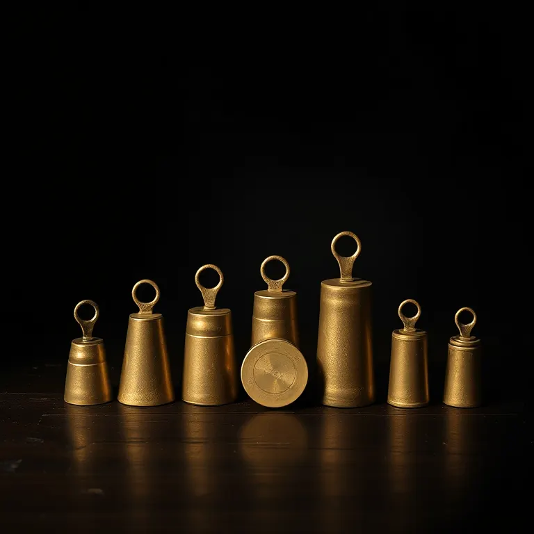 Brass measuring weights of several sizes in a row
